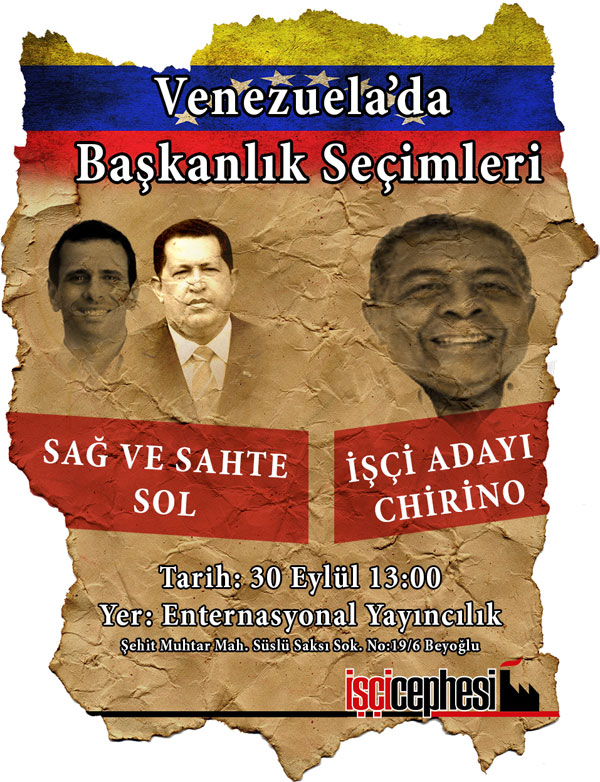 Afiche de invitación al Acto en Turquía en apoyo a la candidatura obrera de Orlando Chirino en Venezuela