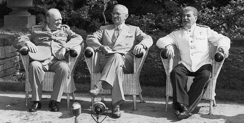 Potsdam (in the outskirts of Berlin), 1945. There Churchill, Truman and Stalin and agreed on 'spheres of influence' met