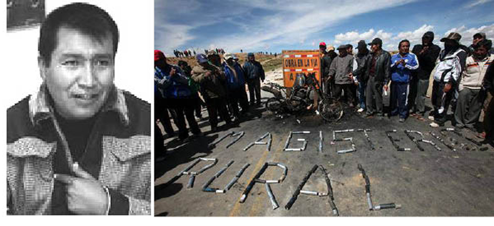 Eliseo Mamani dirigente Pachakuti maestros rurales - Maestros rurales cortando rutas en Apacheta, cerca de La Paz, muestran una moto policial que fue quemada en enfrentamientos.