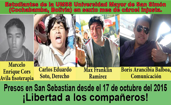 Boris Arancibia, Carlos Eduardo Soto, Marcelo Enrique Cors Ávila y Max Franklin Ramirez, encarcelados desde el 17 de octubre del 2015 por haber luchado en defensa de los derechos estudiantiles.