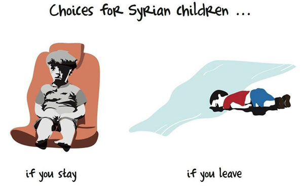"Las opciones para los niños de Siria: quedarse (Omran Daqneesh) o irse (Aylan Kurdi)." del dibujante Khalid Albaih