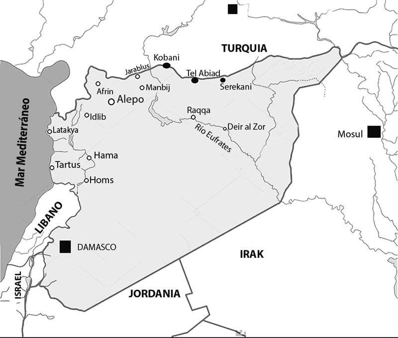 Mapa de Siria: El régimen de Al Assad, apoyado por la aviación rusa y tropas de elite iraquíes y de Hezbollah, trata de recuperar el norte del país, con centro en Alepo.  Por otro lado, tropas turcas invadieron la zona de Kurdistán sirio que ocupa la franja norte, fronteriza con Turquía. Entraron por Jarablus para  echar a las milicias kurdas de las localidades Afrin y Manbij, que habían recuperado de manos del ISIS, a oeste del río Eúfrates. Raqqa, seguía controlada  por el ISIS