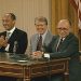 Sadat, Carter y Begin contentos en Camp David.