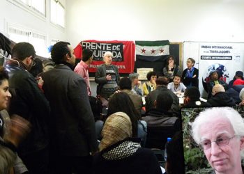 Salameh Kayleh hablando en el taller en apoyo a la revolución siria organizado por la UIT-CI . Allí Kayhleh propuso la necesidad de realizar un encuentro internacional en respaldo a esa reolvución