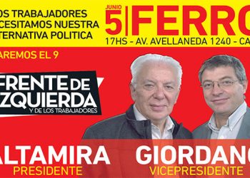 El próximo 5 de junio haremos un acto en el miniestadio de Ferro Carril Oeste de la Ciudad de Buenos Aires. Está convocado por el Partido Obrero e Izquierda Socialista en el Frente de Izquierda (FIT). Llamamos a los trabajadores, luchadores, jóvenes y vecinos a concurrir.
