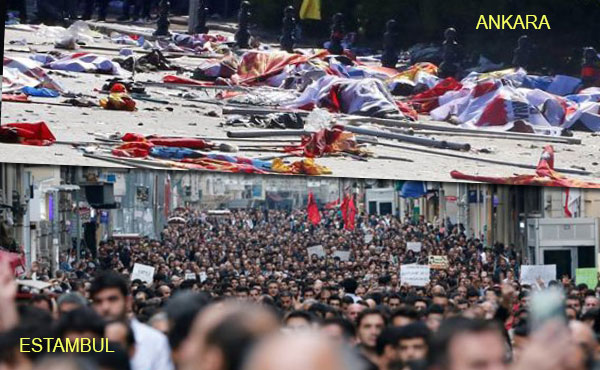 The bomb blasts at the Ankara train station building minutes before the peace rally which was organized by unions DISK-KESK-TMMOB-TTB*, have killed at least 86 people and injured 186, according to officials.