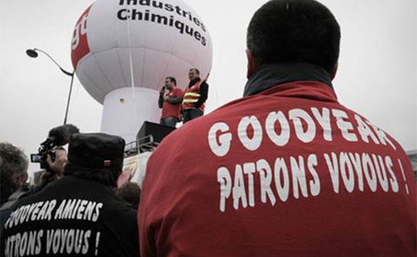 8 sindicalistas de la fábrica de neumáticos Goodyear de Amiens fueron condenados a 9 meses de prisión firme por haber ocupado y protestado contra el cierre de su fábrica , y contra el despido de 1200 obreros por los accionistas de la transnacional americana.