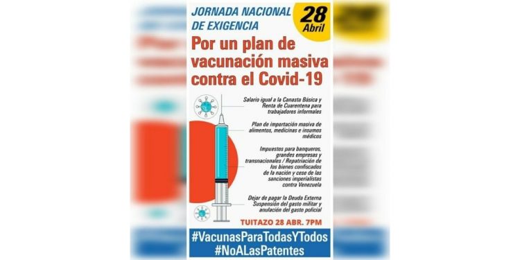 Venezuela: Miércoles 28 de abril, Jornada para exigir #VacunasParaTodasYTodos y decirle #NoALasPatentes
