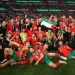 MOROCCAN PLAYERS CELEBRATE WITH THE FREE PALESTINE FLAG